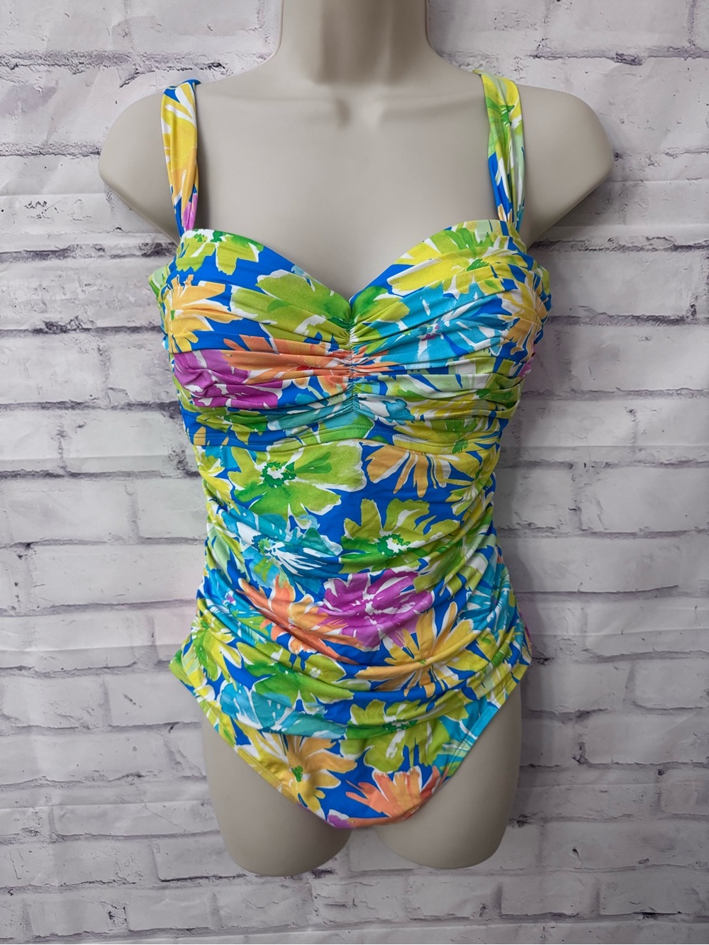Bleu By Rod Beattie 12 One Piece Shirred Bandeau Swimsuit Tropical Floral Slim